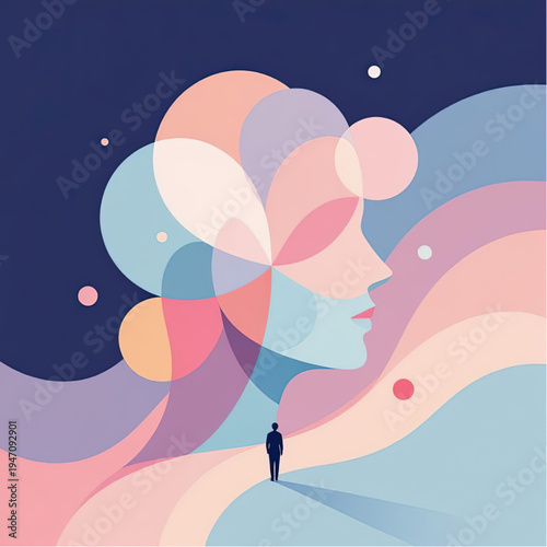 Mental Clarity as an abstract visual noise fading into clean geometric balance, soft pastel gradients,  restrained colors, representing awareness and inner order, composition with negative space.eps