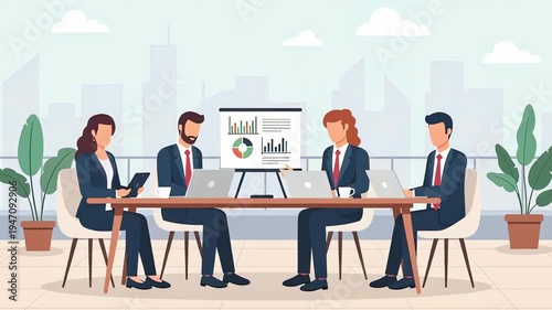 Business team working together in a professional meeting. Data analysis and collaboration in a outdoor office. Strategy and corporate success concepts. Flat illustration style