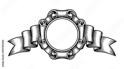 Ribbon badge with round frame vector engraving style on white isolated background for premium label branding design