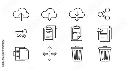 Line icons for cloud, file management, share, and trash
