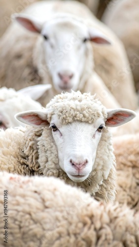 Close-up of a flock of fluffy, white ovine animals staring directly forward, suggesting curiosity. The focus is on the main subject