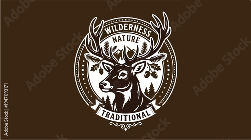 Vintage Deer Head Emblem with Wilderness Nature Traditional Text.