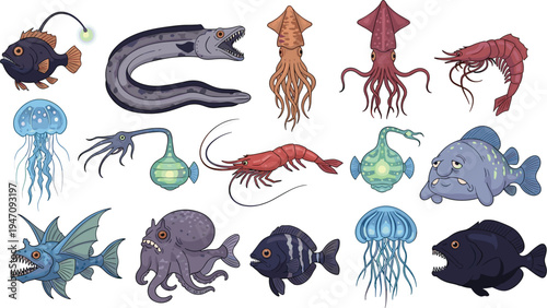 Deep Sea Creatures Illustration Set with Fish, Squid, Jellyfish, Shrimp, and More for Marine Life and Oceanic Designs