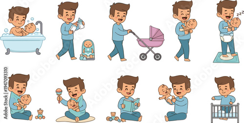 Father and Baby Care Activities Illustration Set with Bathing, Feeding, Playing, and More for Parenting and Family Designs