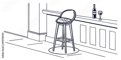 A modern bar setting with a stool, wine glass, and bottle on the counter.