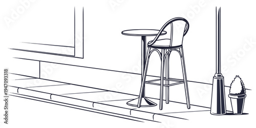 A high chair and a mop bucket placed on a wooden floor near a staircase