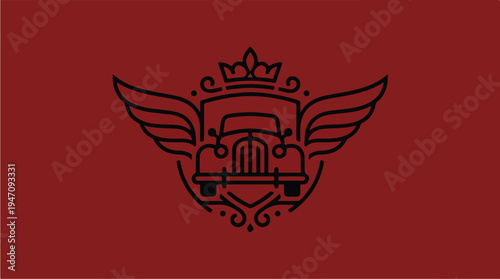 Vintage Flying Car Emblem with Crown and Wings.