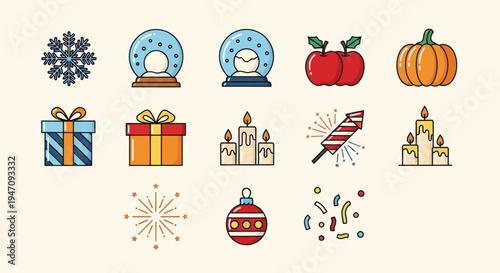 Festive icons holiday decorations and symbols
