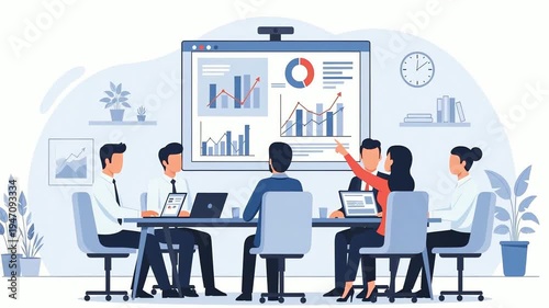 Business team collaborating in a modern office meeting. Analyzing charts and data on a large screen during a presentation. Corporate strategy and teamwork concept. Flat illustration animated graphics