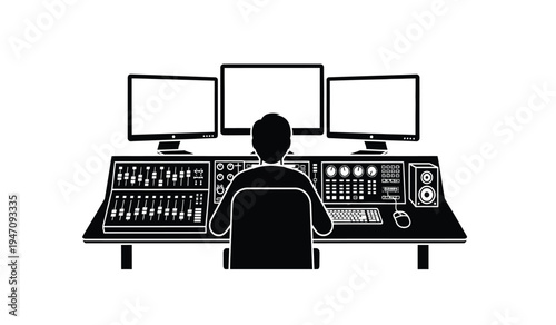 A professional operator sitting at a complex control console with three computer monitor screens