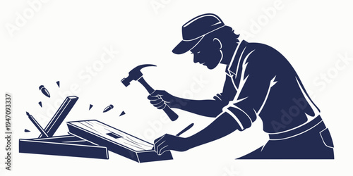 A craftsman is meticulously working on a piece of wood with a hammer and chisel.