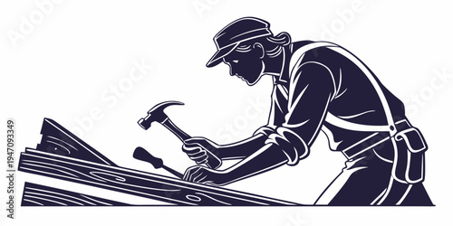 A craftsman meticulously works on a wooden boat with a hammer and chisel.