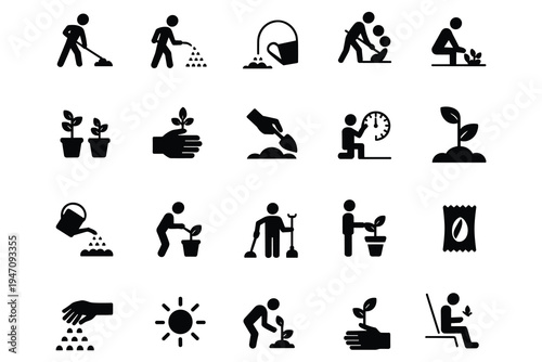 Set of black and white icons depicting gardening activities and plant growth Keywords: gardening, icons, set, planting, sowing