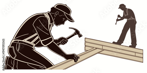 Two workers diligently constructing a wooden structure with hammers and nails.