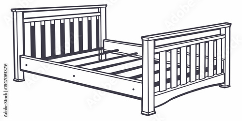 A sturdy wooden bed frame with vertical slats and a simple yet elegant design.