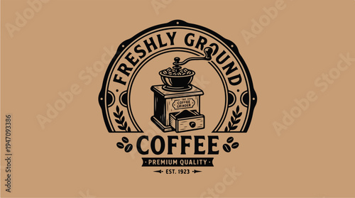 Vintage Freshly Ground Coffee Emblem with Grinder.