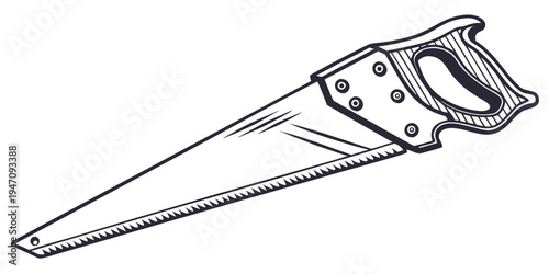 A detailed illustration of a hand saw with a wooden handle and a serrated metal blade.