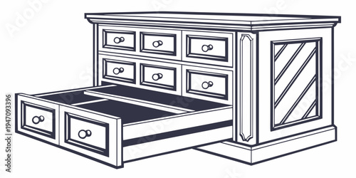 A vintage wooden dresser with multiple drawers and a pull-out tray