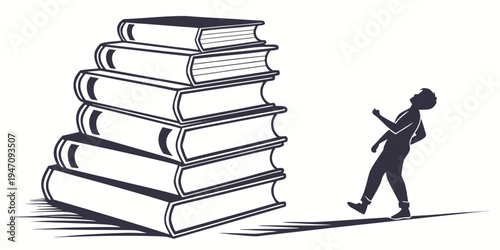 A person struggling to carry a tower of large books.