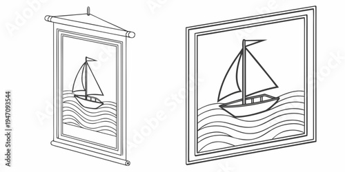 Two framed pictures of a sailboat on the water, one with a window blind.