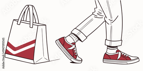 A person wearing red sneakers and carrying a red and white shopping bag
