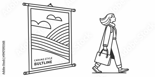Woman carrying shopping bags in front of a minimalist painting