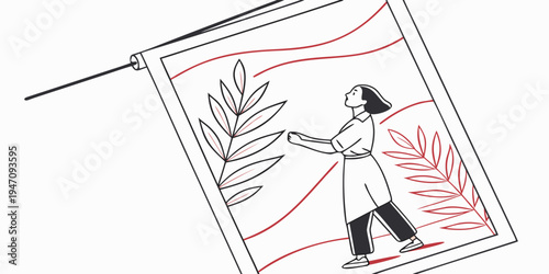 A woman in a white dress painting a leafy plant on a canvas with a large brush