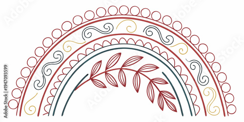 Intricate geometric pattern with symmetrical arcs and dots in various colors