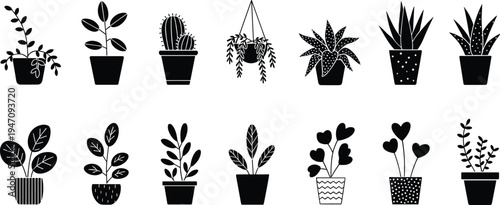 Silhouette Collection of Potted and Hanging Houseplants and Succulents Keywords: potted plants, houseplants, indoor plants