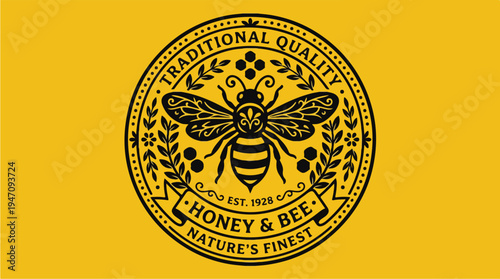 Vintage Honey Bee Emblem with Traditional Quality Label.