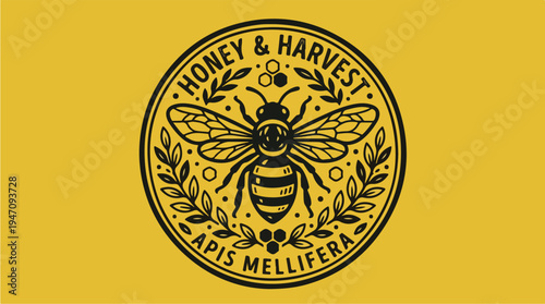 Vintage Honey Bee Emblem with Apis Mellifera Text.
