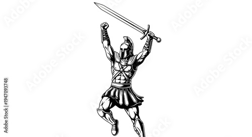Outline Icon of Ancient Warrior Raising Sword Triumphantly on Isolated White Background
