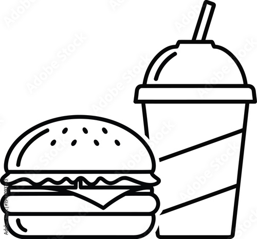 Vector graphic illustration depicting a classic fast food combo meal with a burger and a soda drink, ideal for restaurant menus and digital advertising designs.