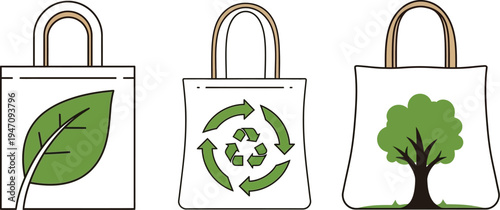 Set of three eco friendly canvas tote bags featuring nature icons like a leaf recycling symbol and a tree illustration