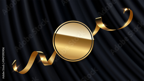 Award background. Gold award frame with golden silk ribbon on black curtain backdrop and empty space in center. Elegant luxury vector illustration, banner for event, winner ceremony, invitation, VIP.