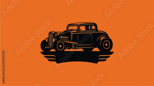 Vintage Hot Rod Car Silhouette on Orange Background.