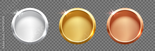 Gold, silver, bronze circle medals. Metal coins. First, second, third place award frames isolated on transparent. Winners trophy. Blank shiny badge, label. Realistic vector illustrations set.