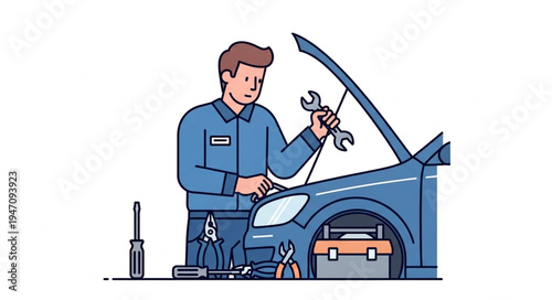 Mechanic with wrench and car.