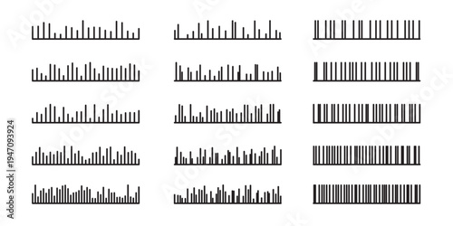Sound wave audio waveform pattern. Sound wave rows with black vertical lines forming rhythm shapes across white background space. Minimal music signal abstract vector illustration.