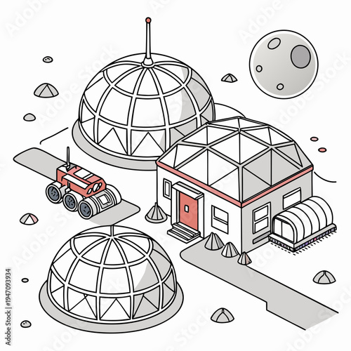 A futuristic mars base with domes and a lunar module
