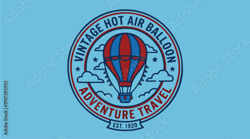 Vintage Hot Air Balloon Adventure Travel Emblem.