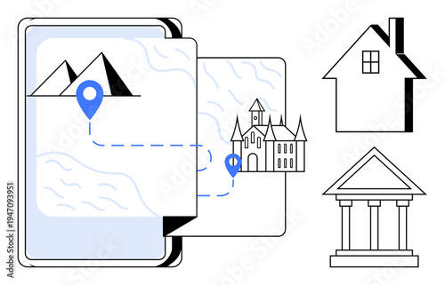Travel planning, cultural exploration, digital guidance, route mapping, historic landmarks, navigation. Digital map with location markers, house and historic structures. Travel planning and cultural