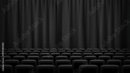 Black theater stage curtain. Cinema stage curtain audience hall with rows of dark seats. Classic performance interior scene, movie, presentation, conference. Realistic vector illustration.