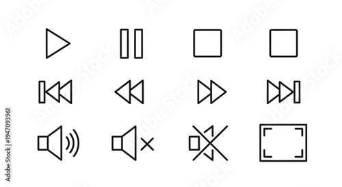 Minimalist black outline media player and volume control icons