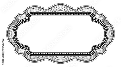 Scalloped ornamental label frame vector engraving style on white isolated background for decorative badge design