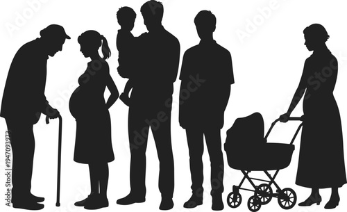 Human life stages silhouettes showing elderly man pregnant woman father with child young adult and mother with baby stroller isolated on white
