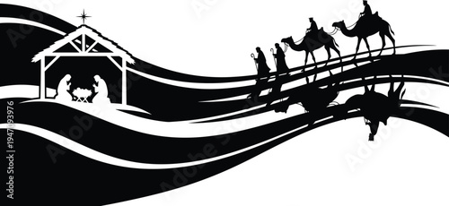 Christmas nativity silhouette with Mary Joseph baby Jesus and three wise men on camels traveling to Bethlehem religious illustration