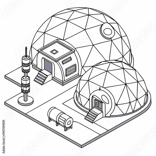 Dome shaped futuristic buildings and a rocket
