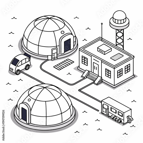 A black and white drawing of a space station