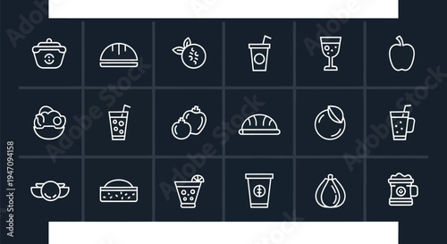 Food and beverage icon set on dark background